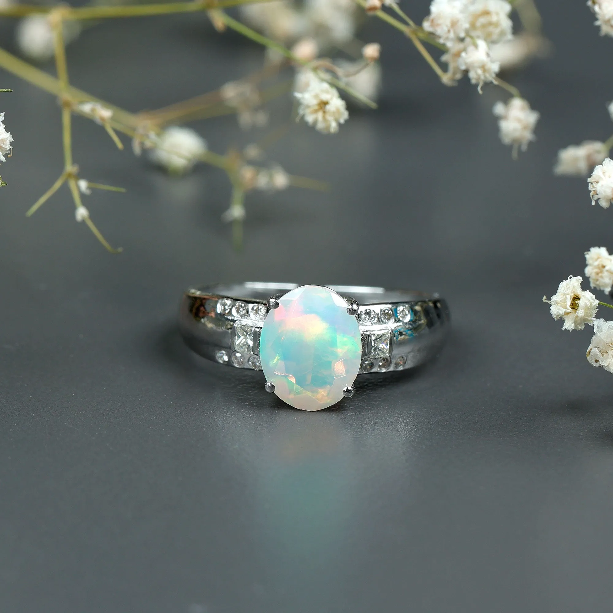 Oval Ethiopian Opal Solitaire Engagement Ring with Diamond