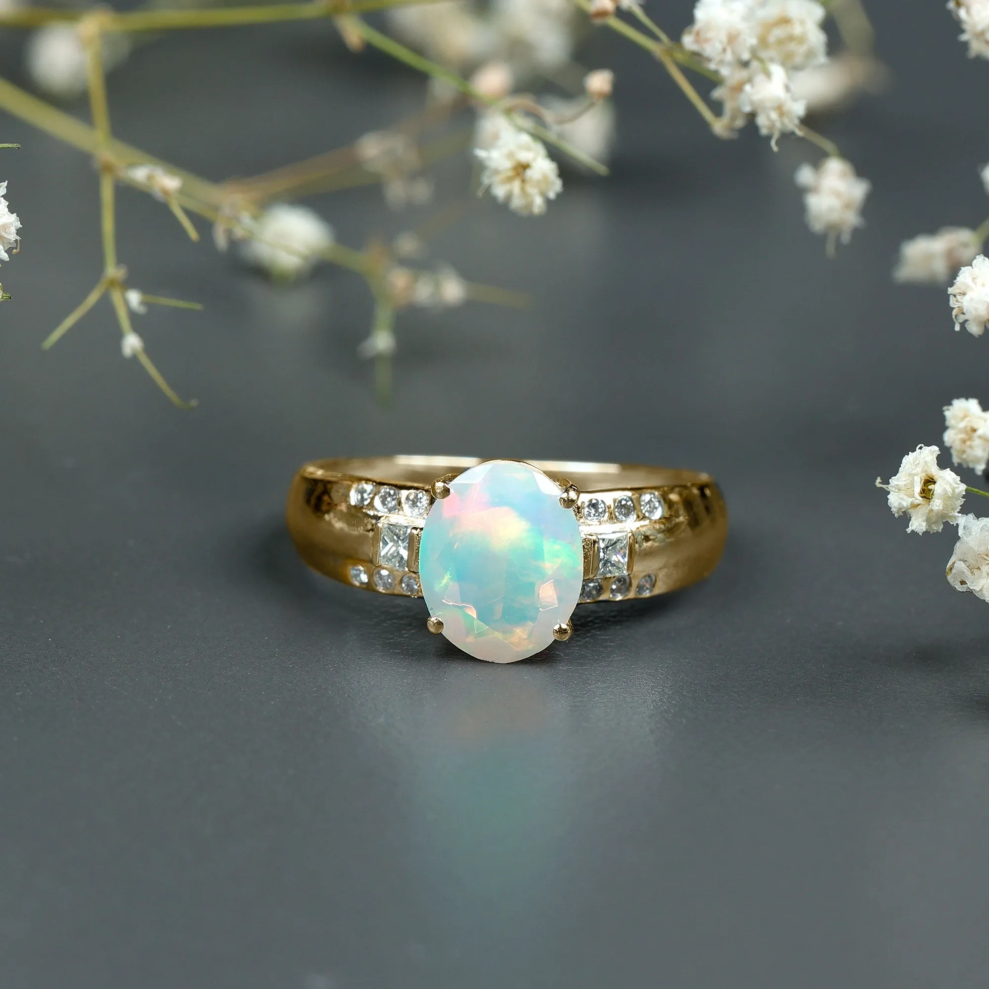 Oval Ethiopian Opal Solitaire Engagement Ring with Diamond