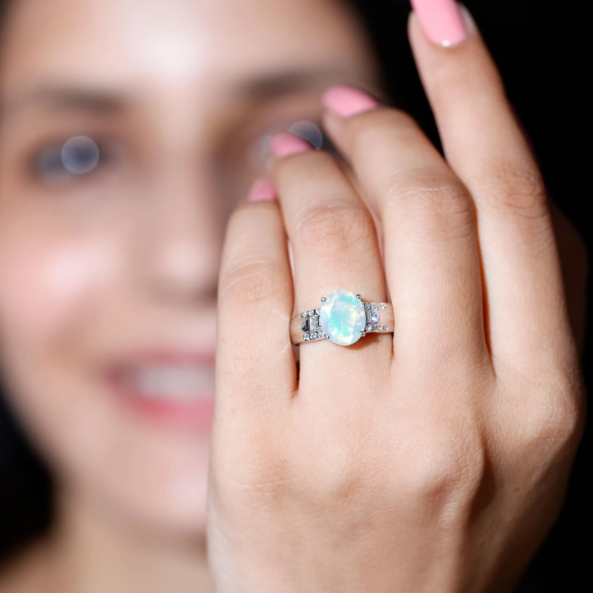 Oval Ethiopian Opal Solitaire Engagement Ring with Diamond