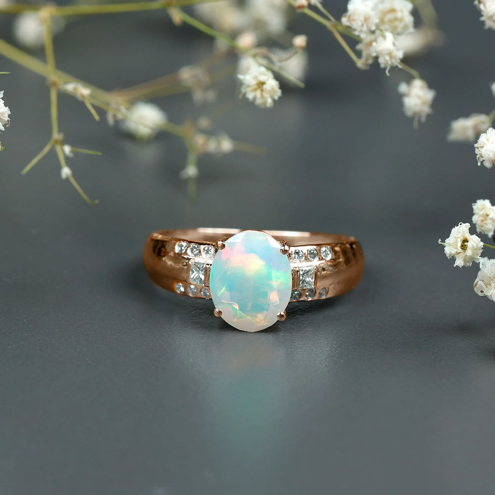 Oval Ethiopian Opal Solitaire Engagement Ring with Diamond