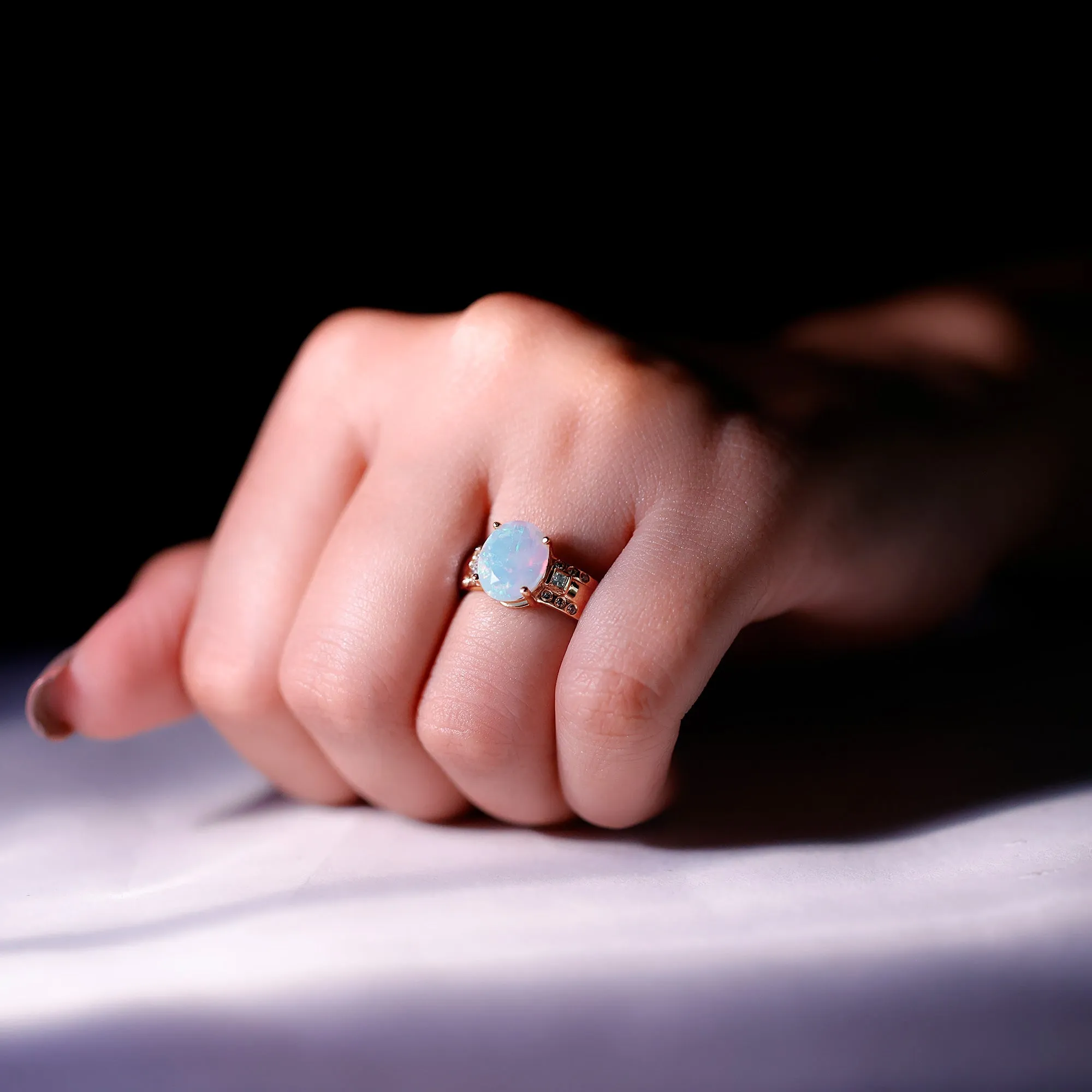 Oval Ethiopian Opal Solitaire Engagement Ring with Diamond