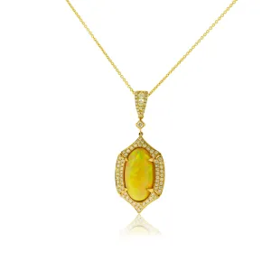 Oval Shaped Opal Cabochon and Diamond Pendant with Chain