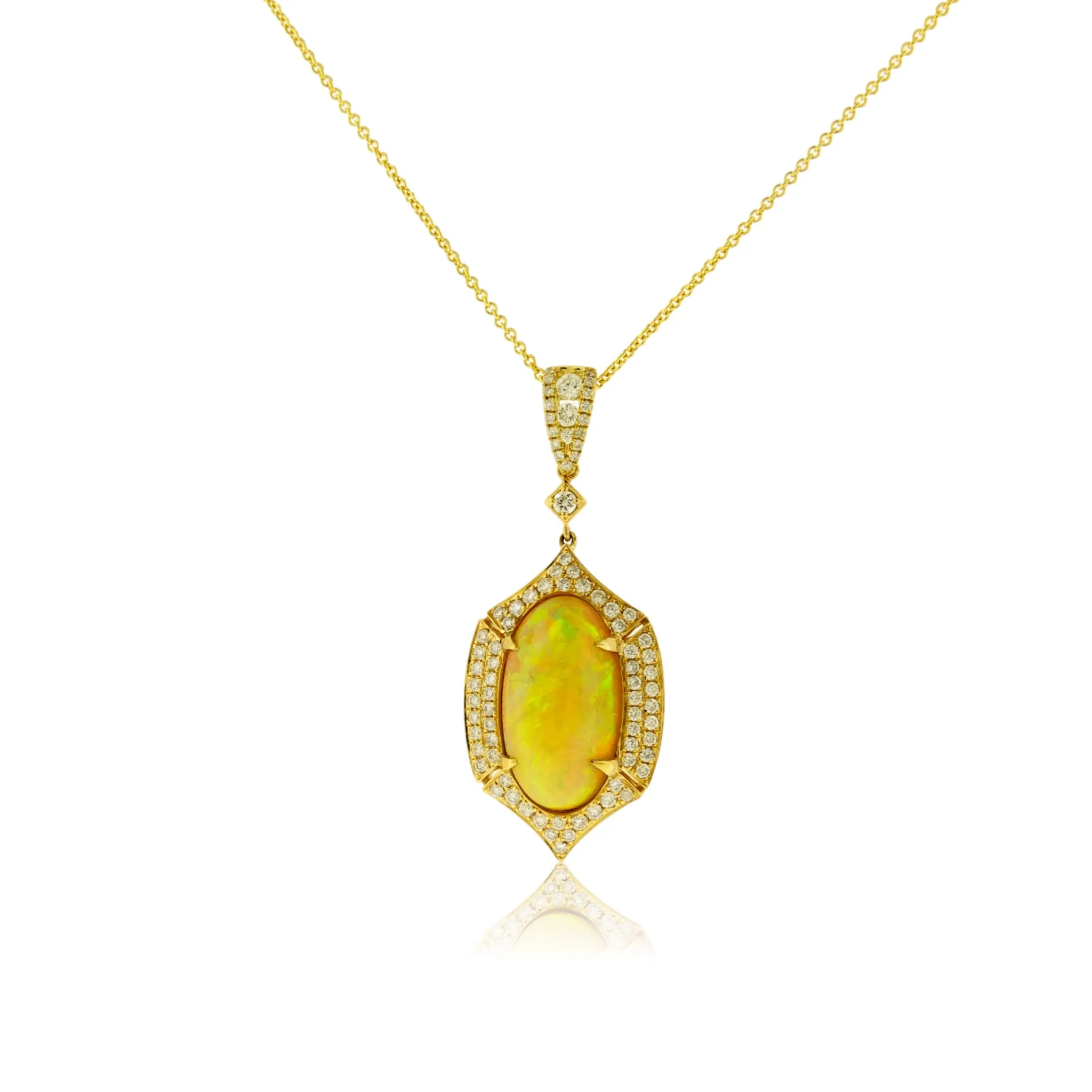 Oval Shaped Opal Cabochon and Diamond Pendant with Chain