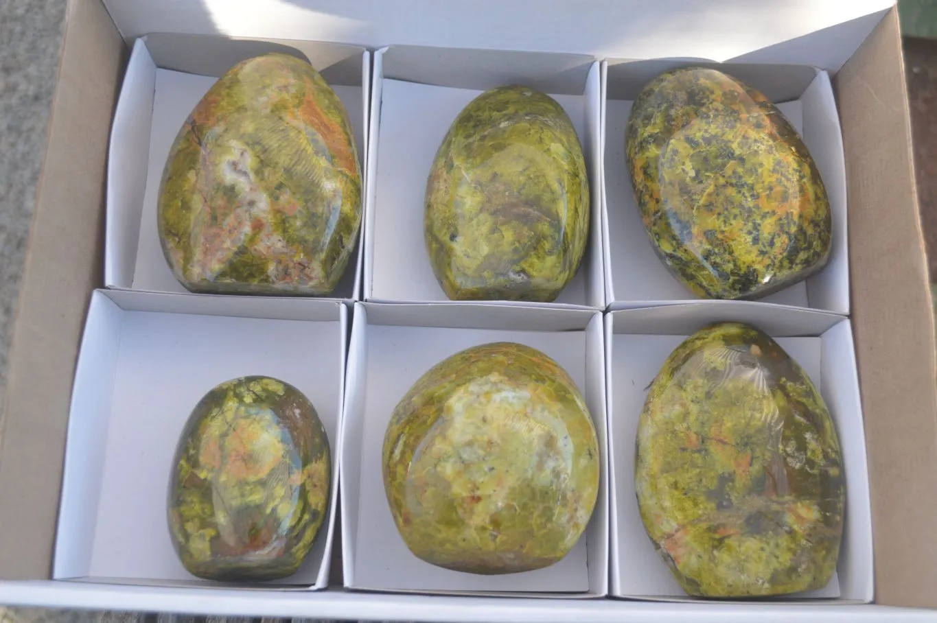Polished Green Opal Standing Free Forms  x 6 From Antsirabe, Madagascar