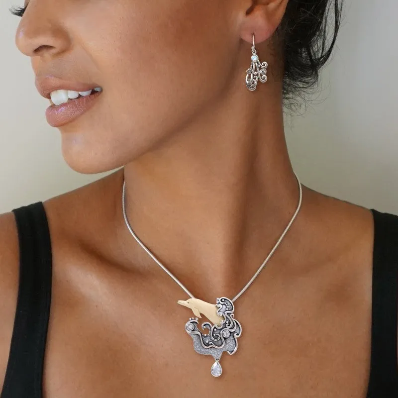 "Sea Spirit" Fossilized Mammoth Tusk, Rainbow Moonstone Sterling Silver Pendant