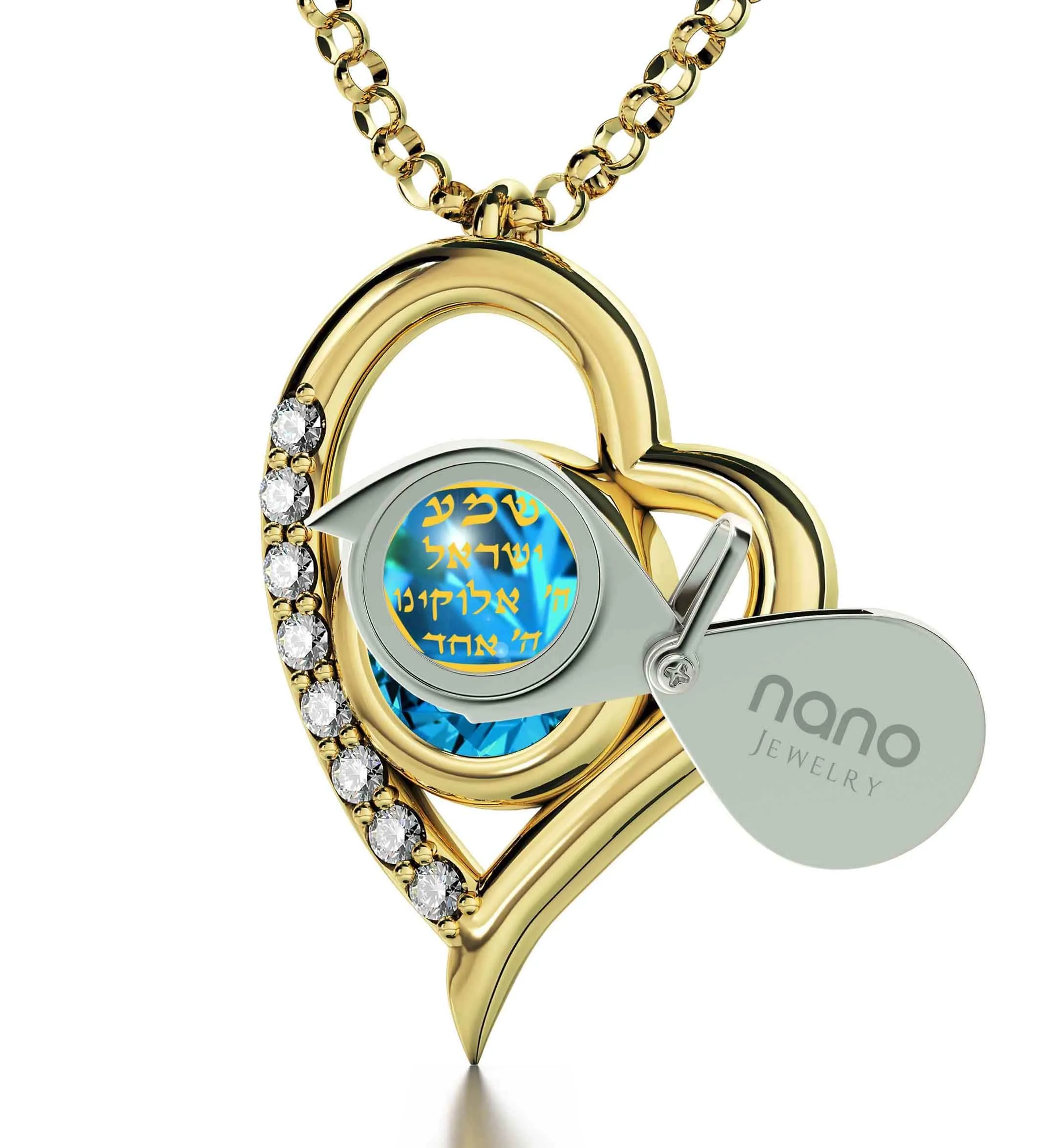"Shema Yisrael", 14k Gold Diamonds Necklace, Swarovski