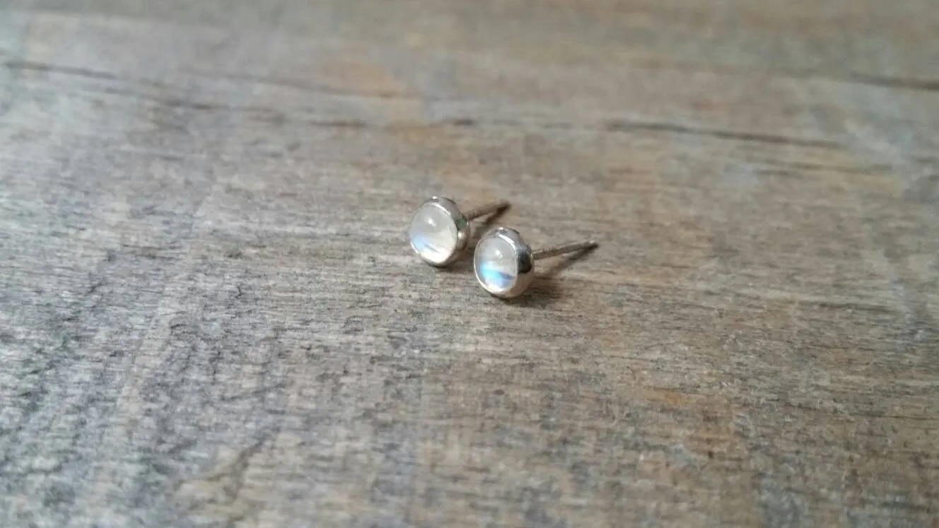 Rainbow Moonstone Stud Earrings Sterling Silver