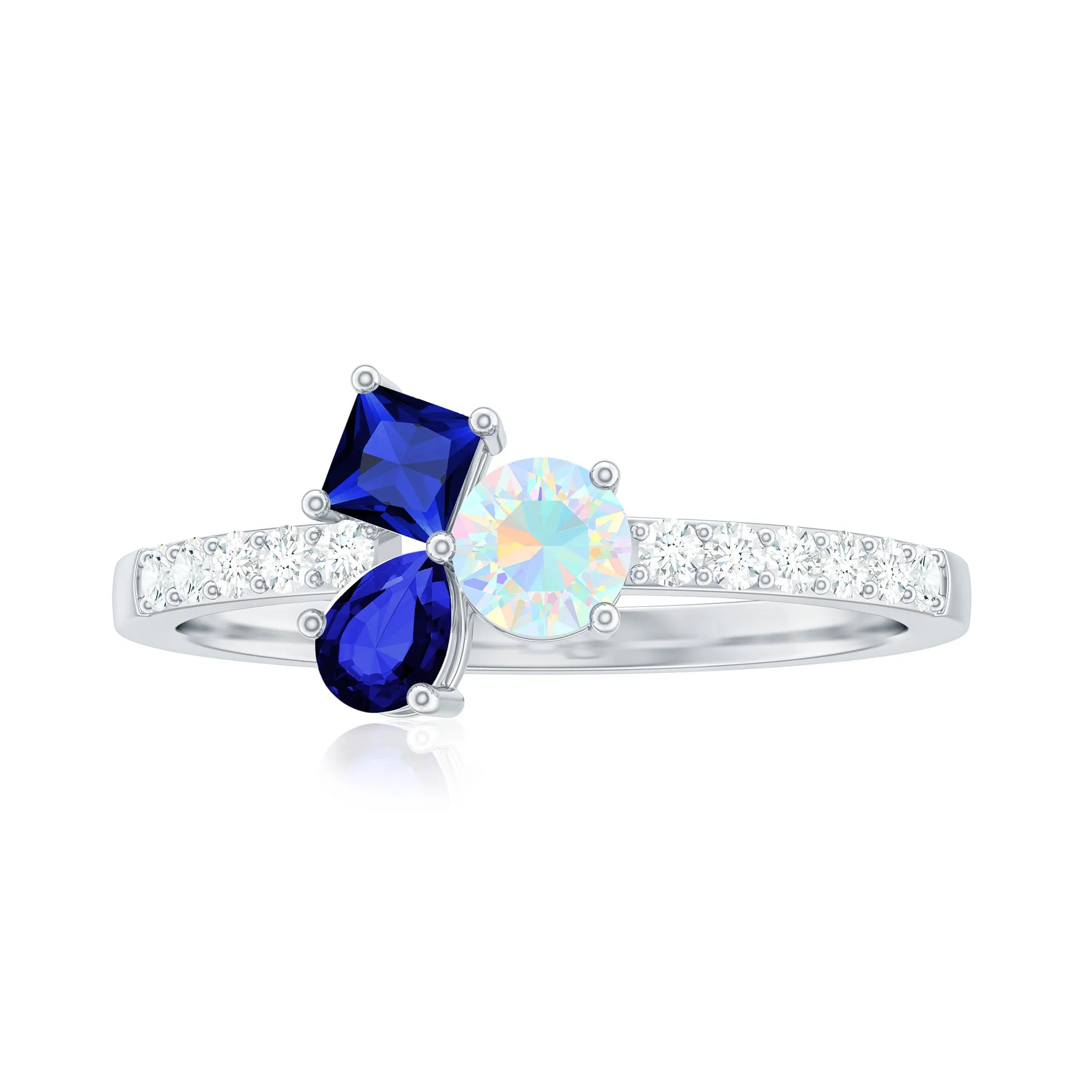 Real Ethiopian Opal and Created Blue Sapphire Cluster Promise Ring with Moissanite