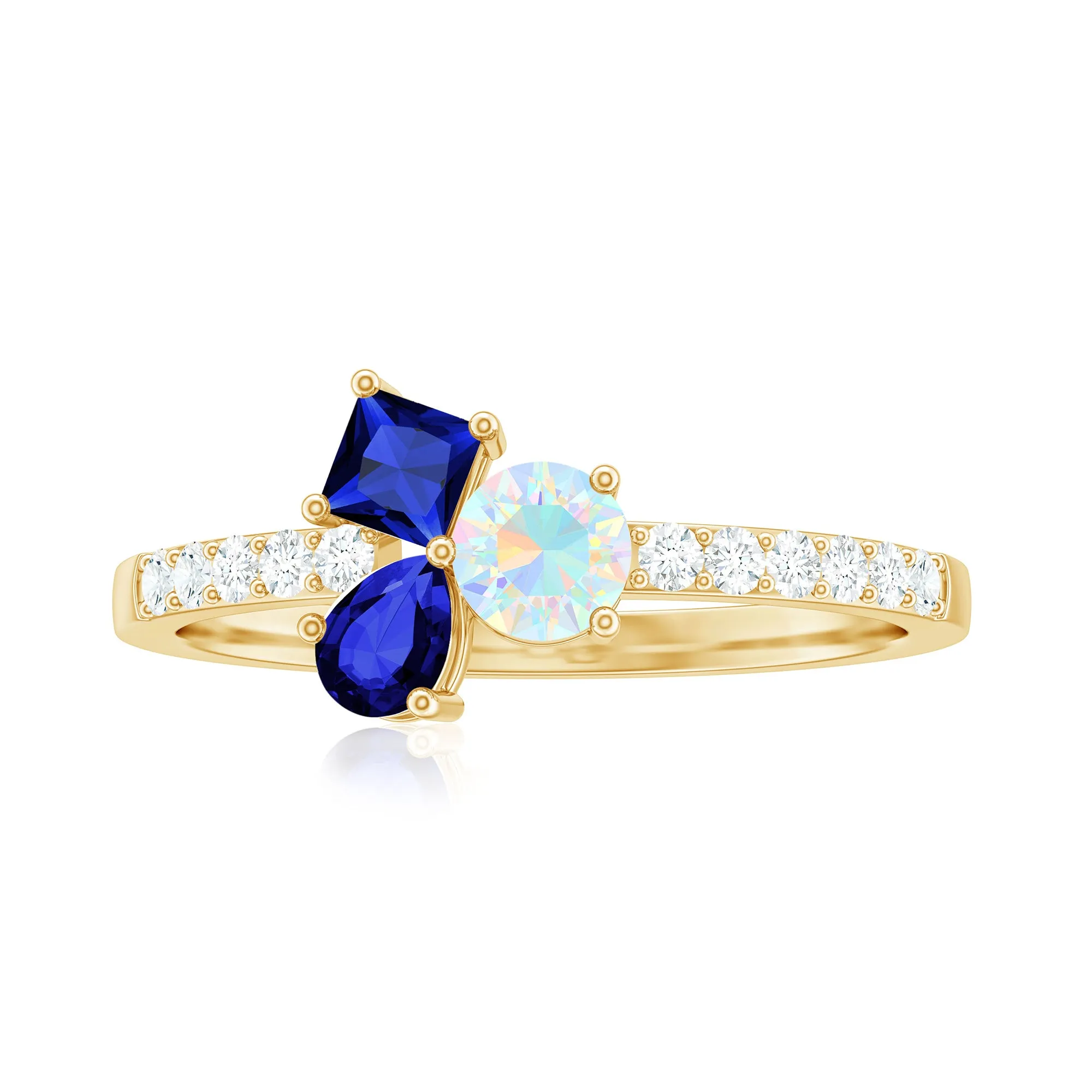 Real Ethiopian Opal and Created Blue Sapphire Cluster Promise Ring with Moissanite