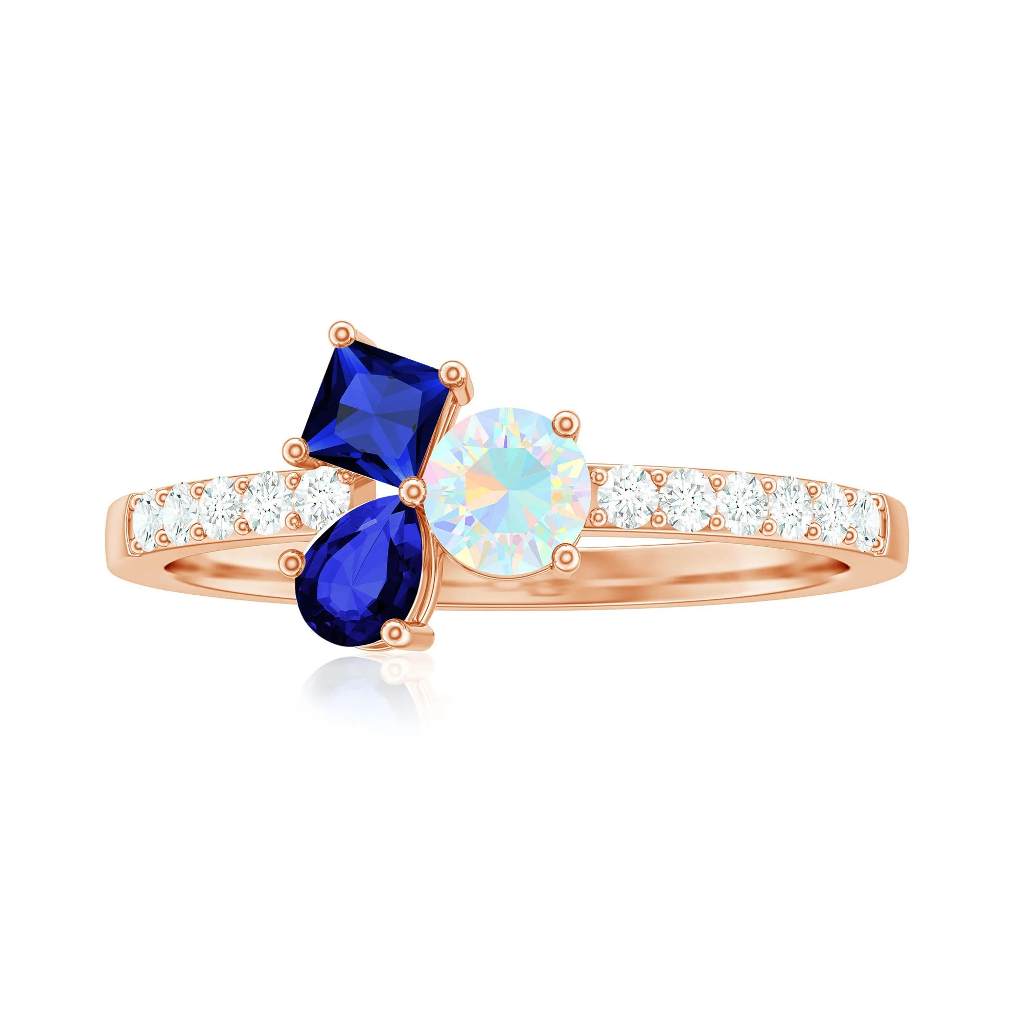 Real Ethiopian Opal and Created Blue Sapphire Cluster Promise Ring with Moissanite