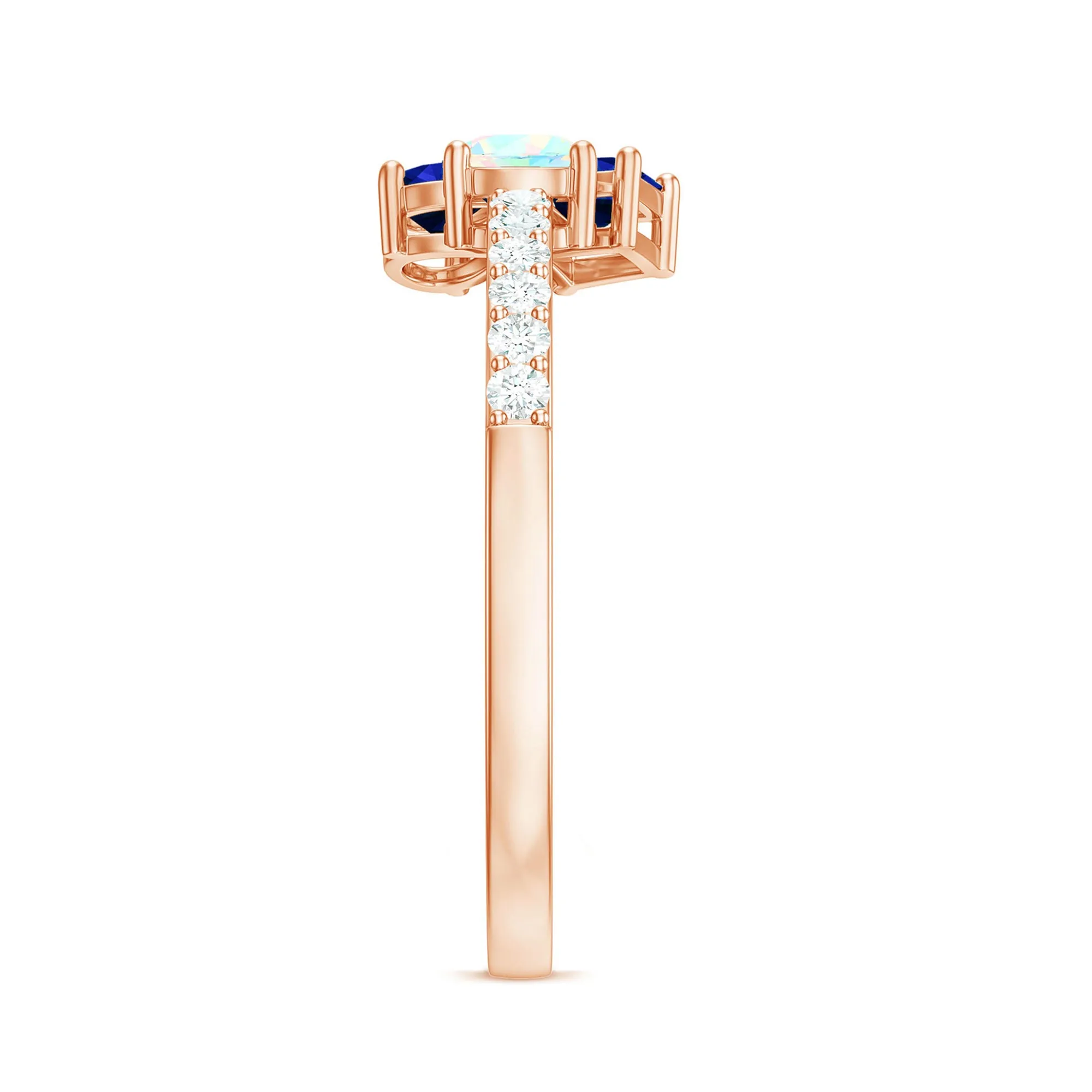 Real Ethiopian Opal and Created Blue Sapphire Cluster Promise Ring with Moissanite