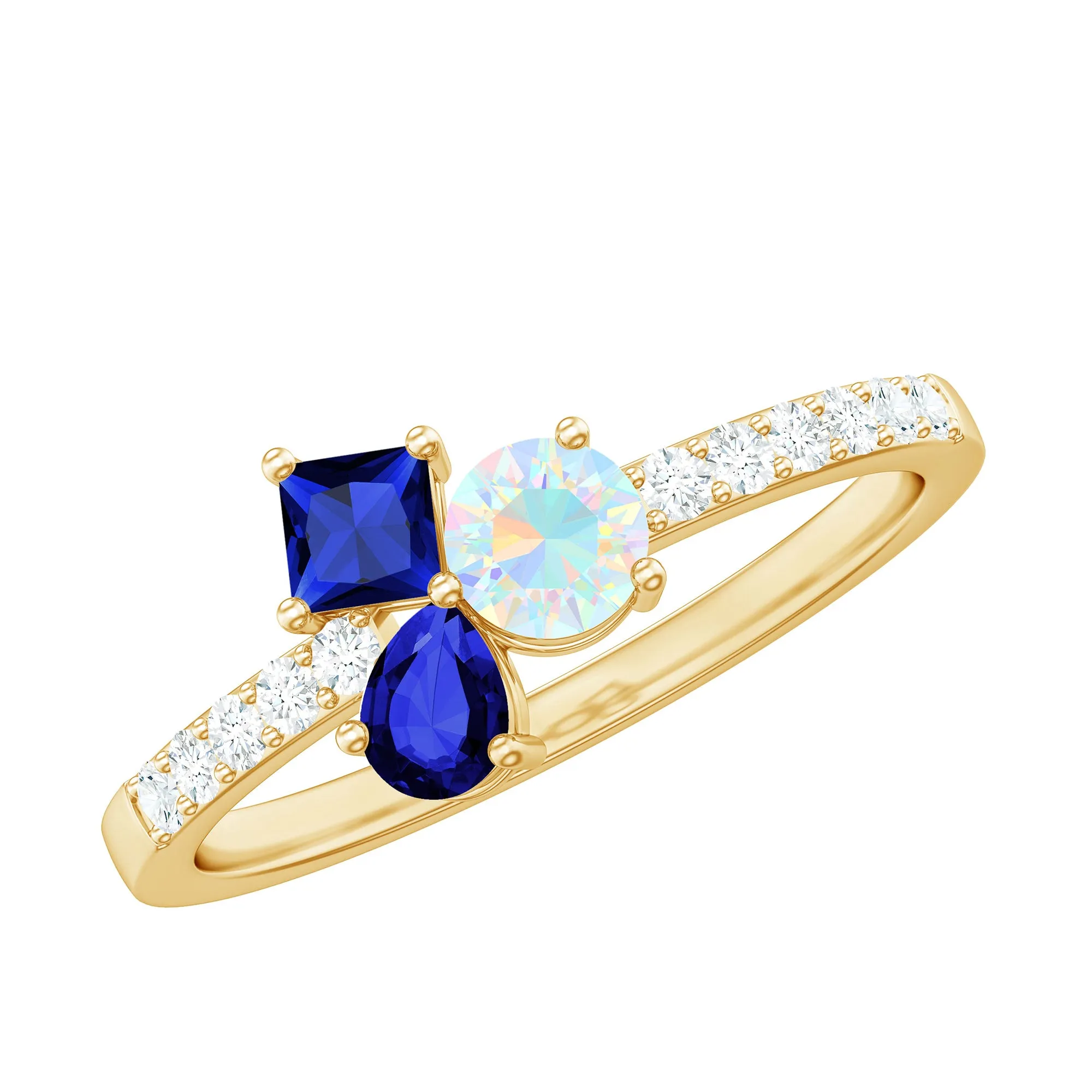 Real Ethiopian Opal and Created Blue Sapphire Cluster Promise Ring with Moissanite