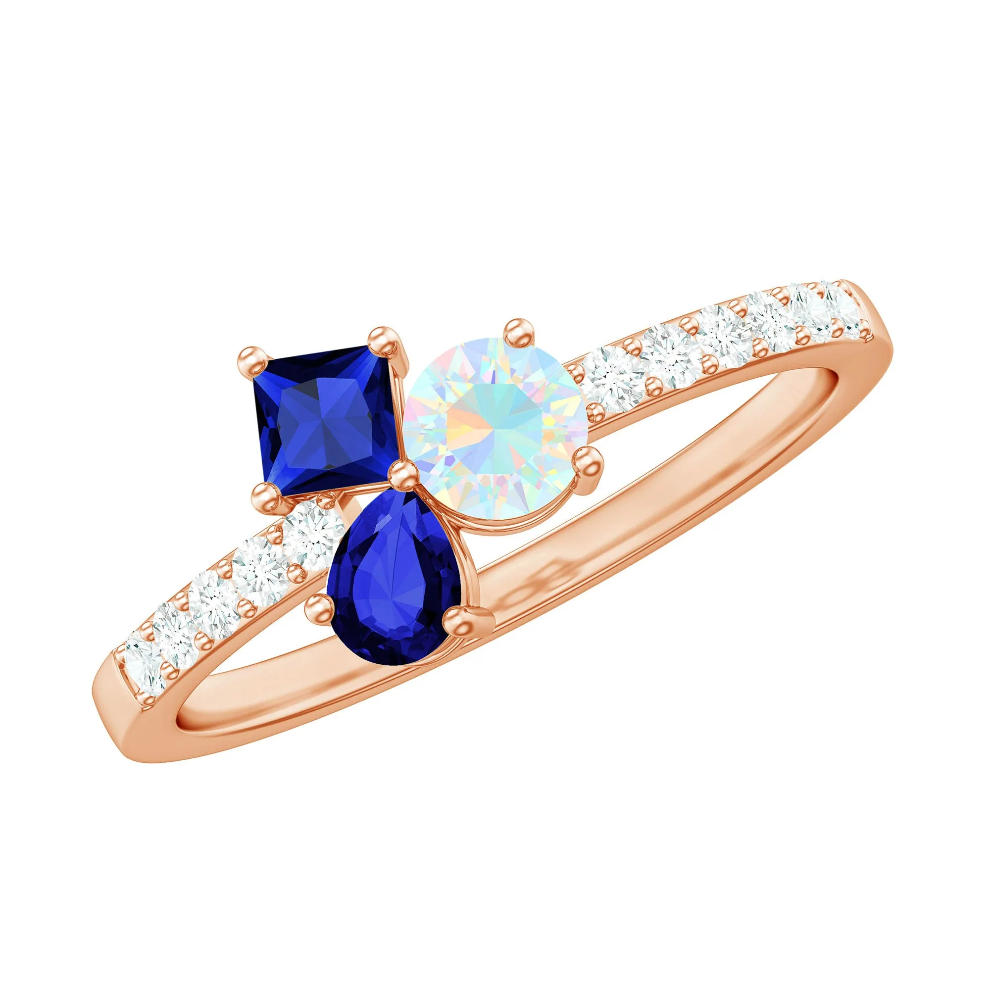 Real Ethiopian Opal and Created Blue Sapphire Cluster Promise Ring with Moissanite