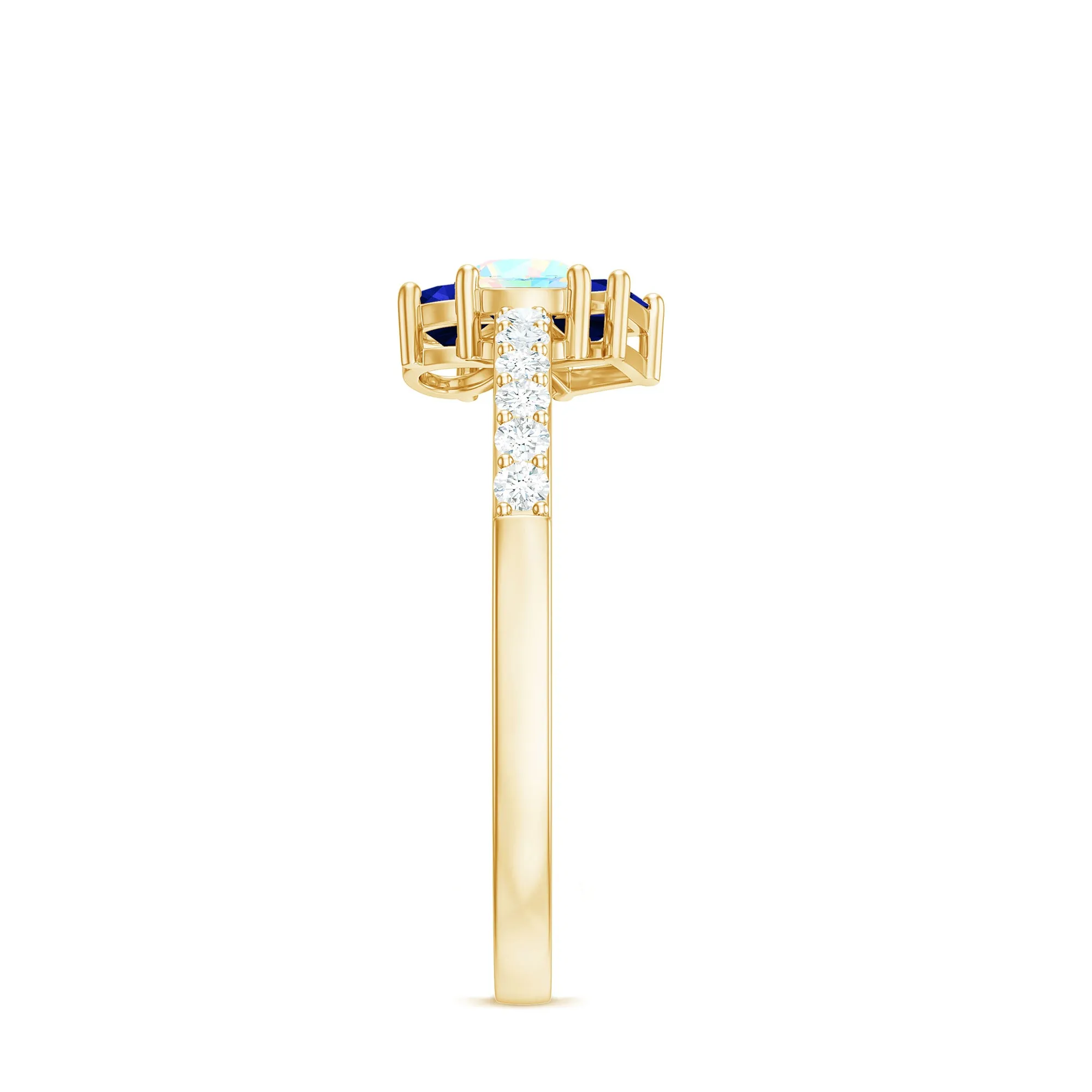 Real Ethiopian Opal and Created Blue Sapphire Cluster Promise Ring with Moissanite