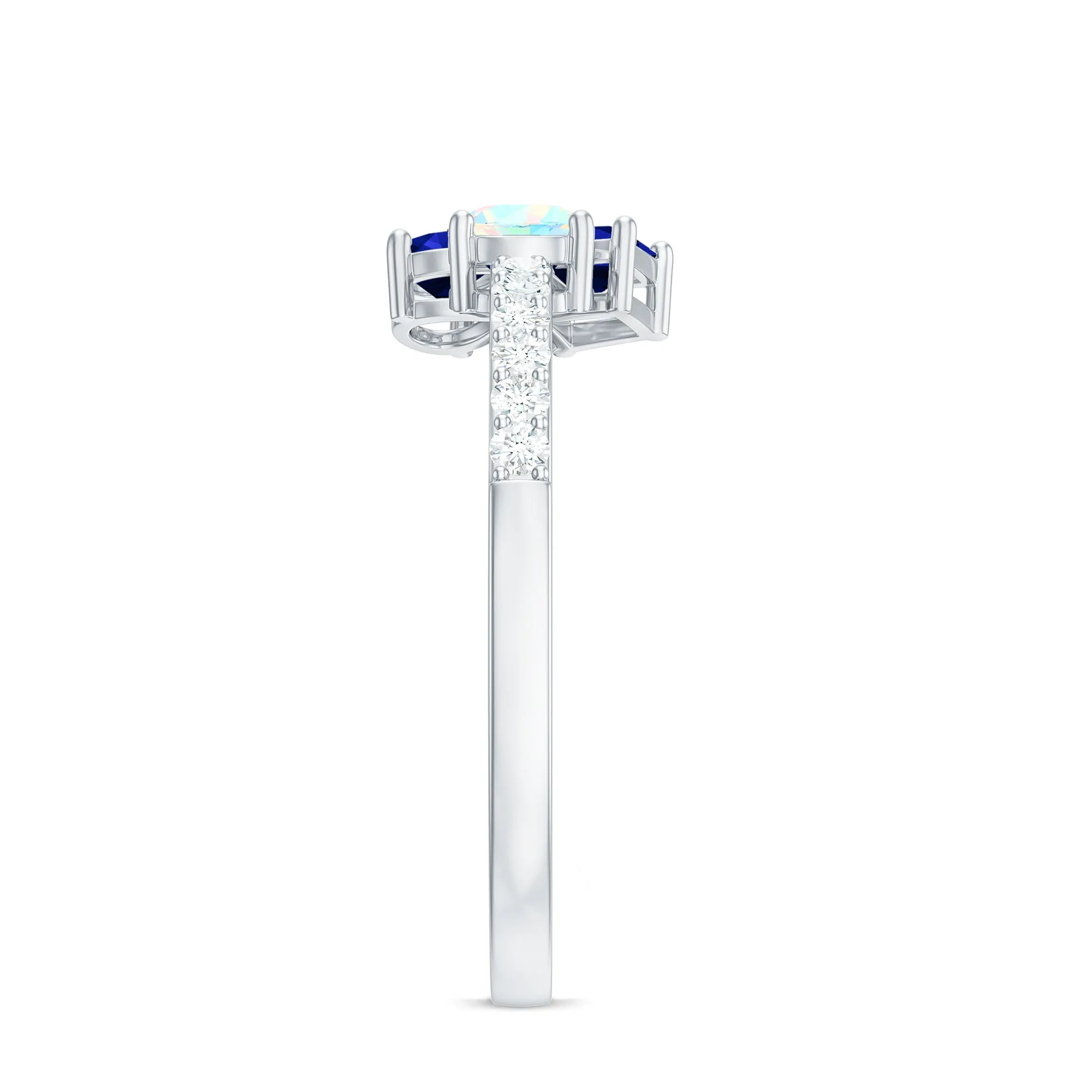Real Ethiopian Opal and Created Blue Sapphire Cluster Promise Ring with Moissanite