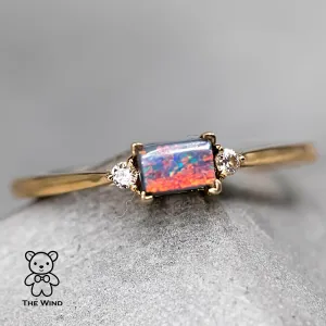 Rectangle Australian Boulder Opal Diamond Engagement Ring 18K Yellow Gold