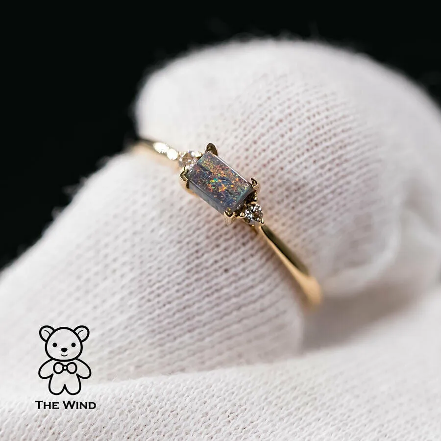Rectangle Australian Boulder Opal Diamond Engagement Ring 18K Yellow Gold