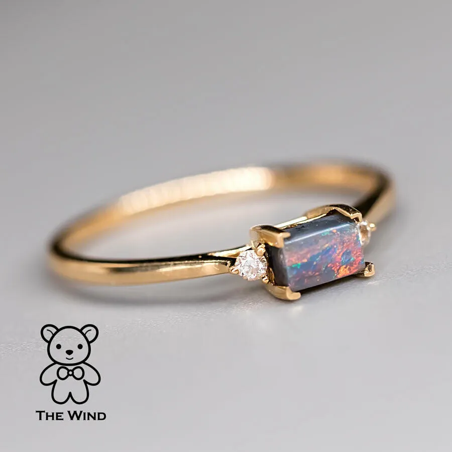 Rectangle Australian Boulder Opal Diamond Engagement Ring 18K Yellow Gold