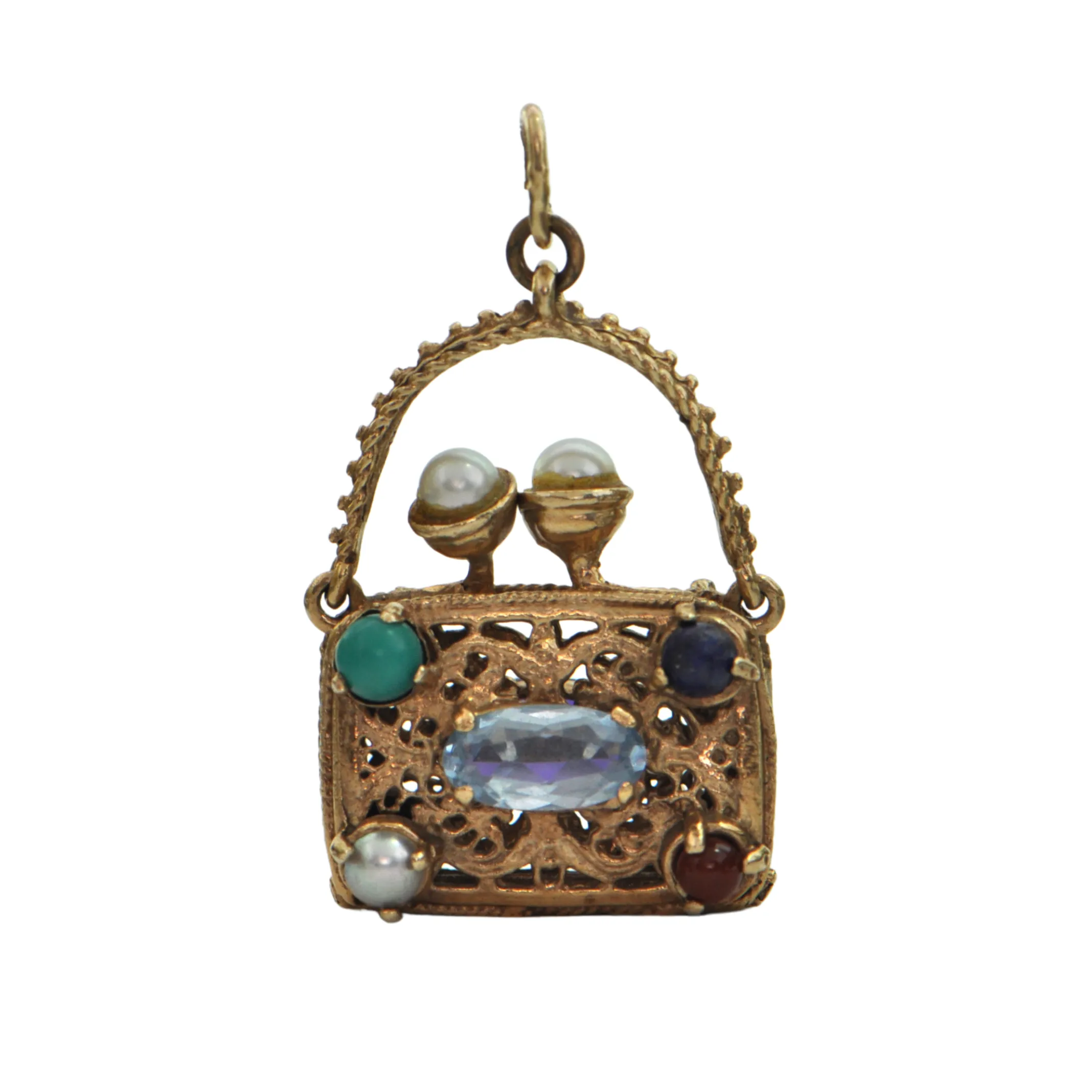 Retro circa 1950, 10K Yellow Gold Multi Stone Purse Charm