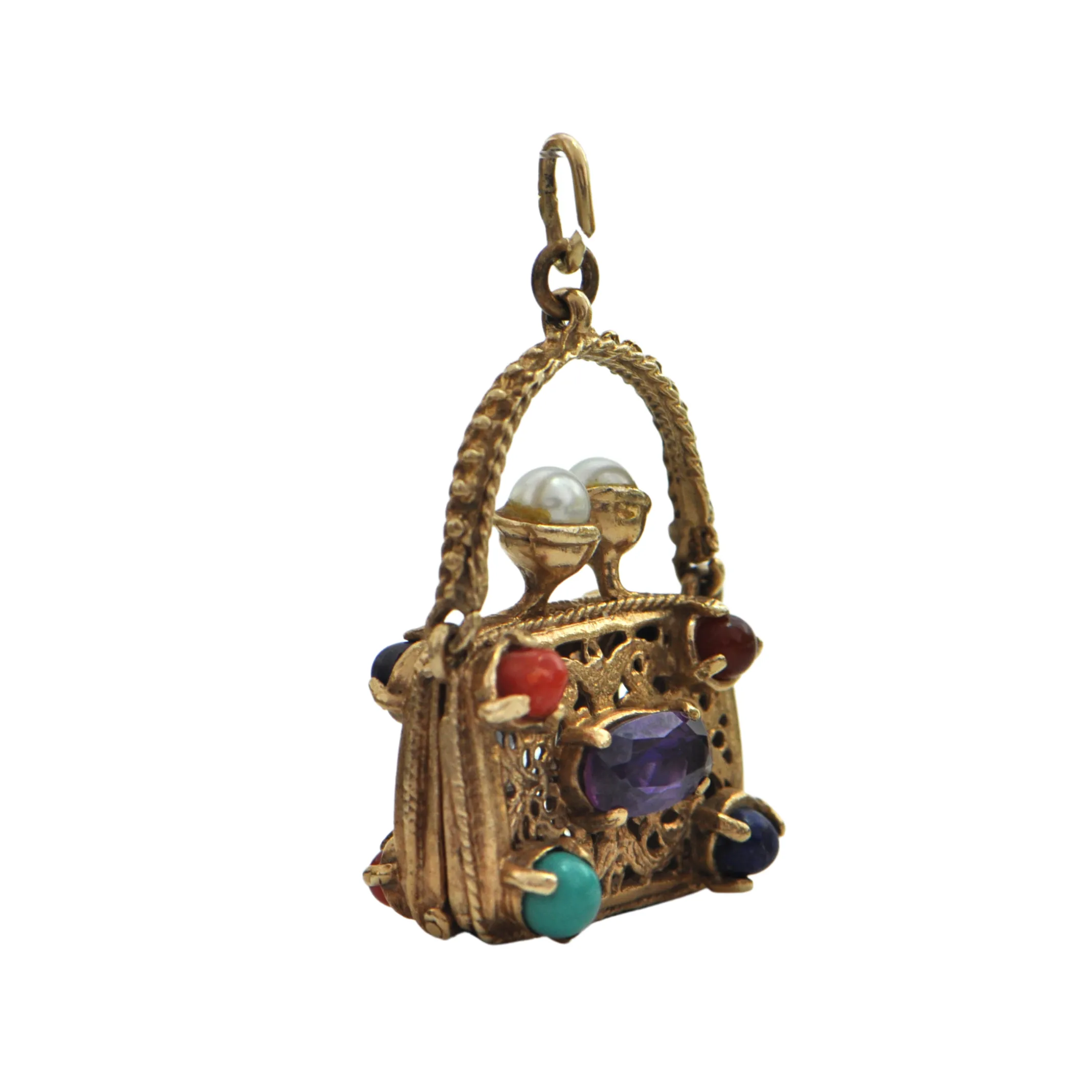 Retro circa 1950, 10K Yellow Gold Multi Stone Purse Charm
