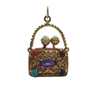 Retro circa 1950, 10K Yellow Gold Multi Stone Purse Charm