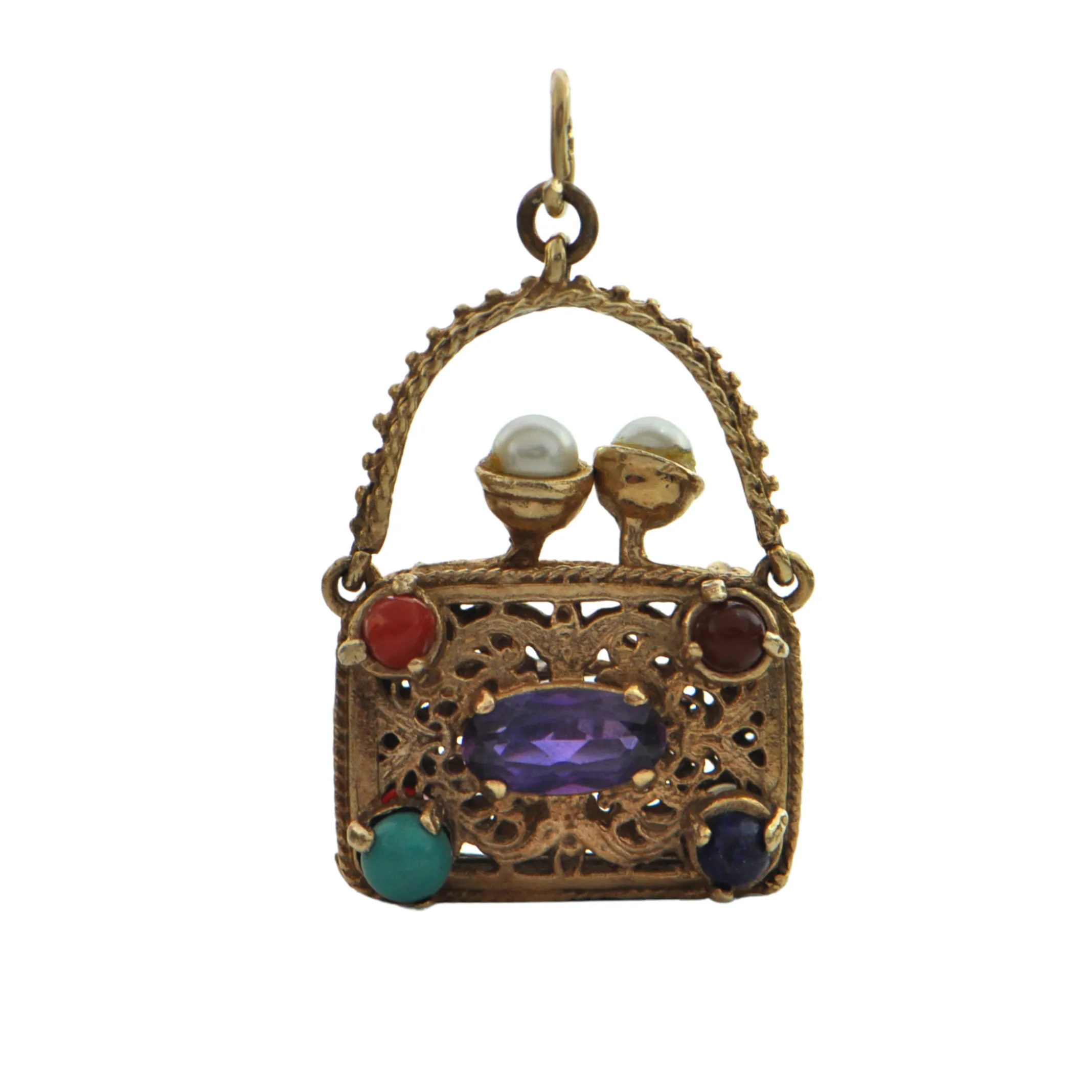 Retro circa 1950, 10K Yellow Gold Multi Stone Purse Charm