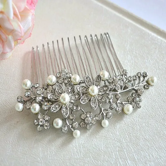 Rhinestone Crystal Flowers Leaves Pearls Wedding Hair Comb. Flower Bridal Hair Comb. Art Deco Pearl Hair Piece. Floral Bridal Hair Accessory