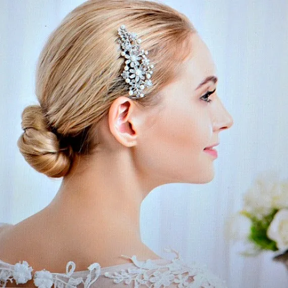 Rhinestone Crystal Flowers Leaves Pearls Wedding Hair Comb. Flower Bridal Hair Comb. Art Deco Pearl Hair Piece. Floral Bridal Hair Accessory