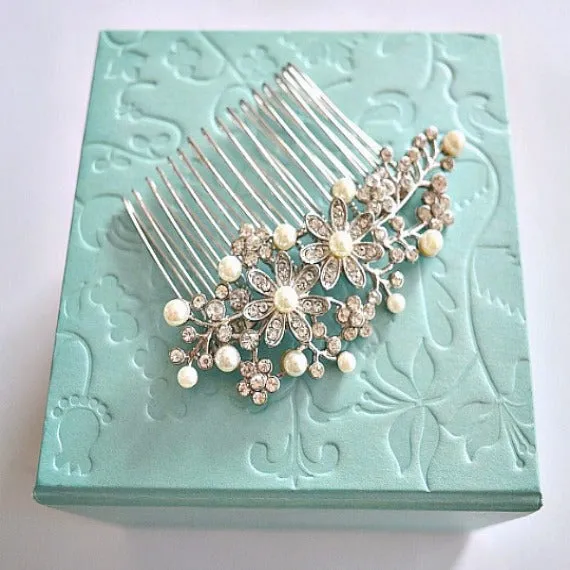 Rhinestone Crystal Flowers Leaves Pearls Wedding Hair Comb. Flower Bridal Hair Comb. Art Deco Pearl Hair Piece. Floral Bridal Hair Accessory