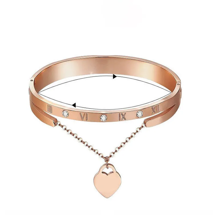 Roman Numeral Love Heart Tassel Peach Heart Pendant Bracelet