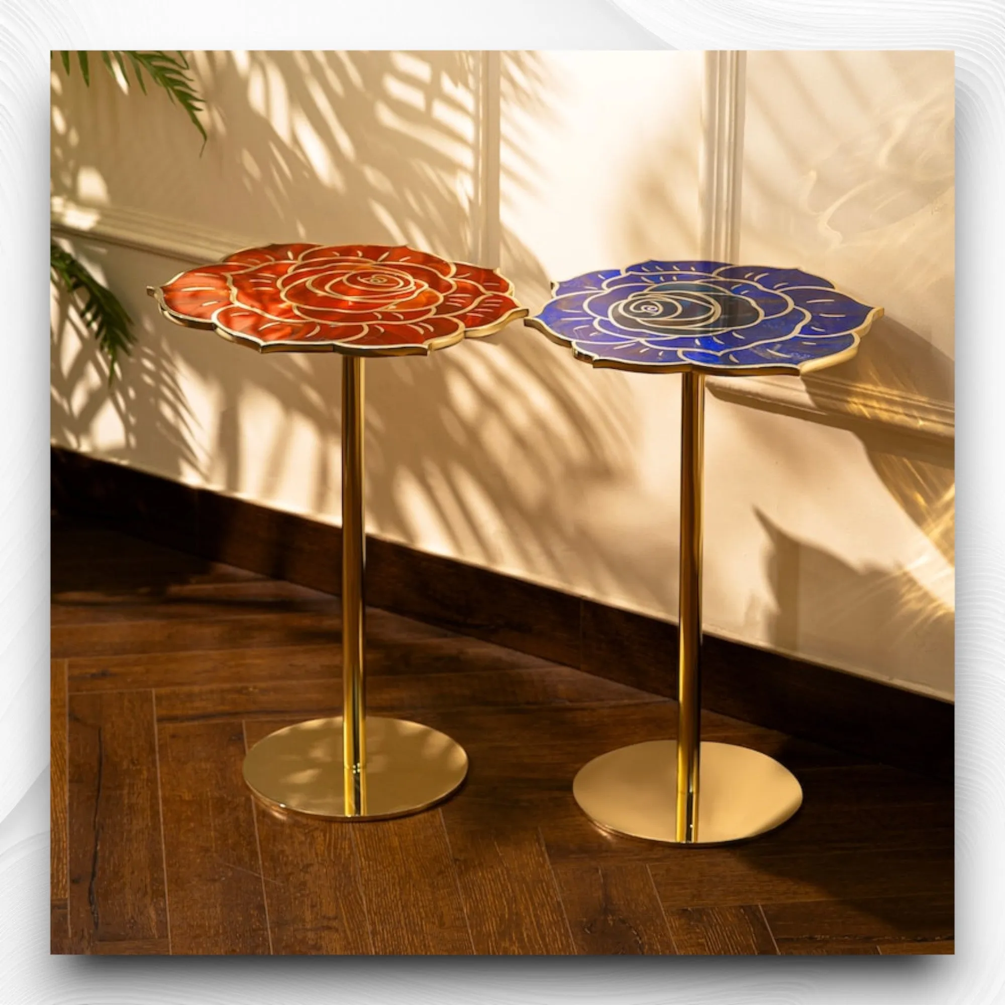 Rose Brass Side Table with Lapis Lazuli Gemstone
