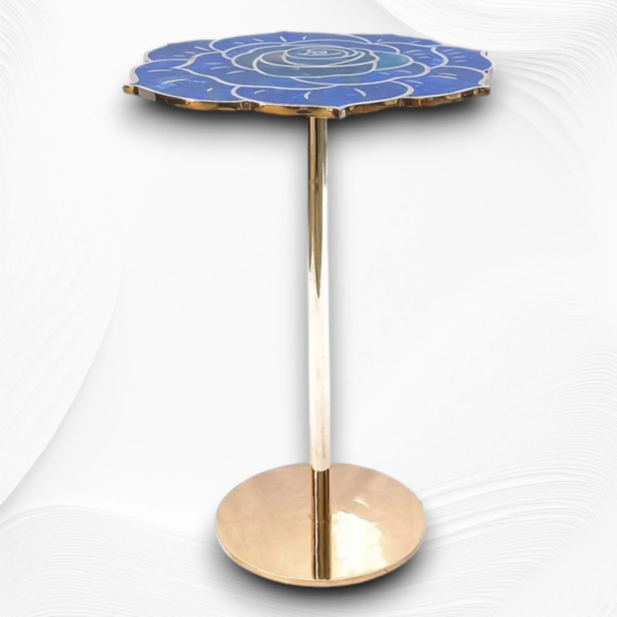 Rose Brass Side Table with Lapis Lazuli Gemstone