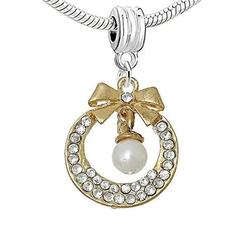 Round Wedding Bowknot Dangle Charm European Bead Compatible for Most European Snake Chain Bracelet