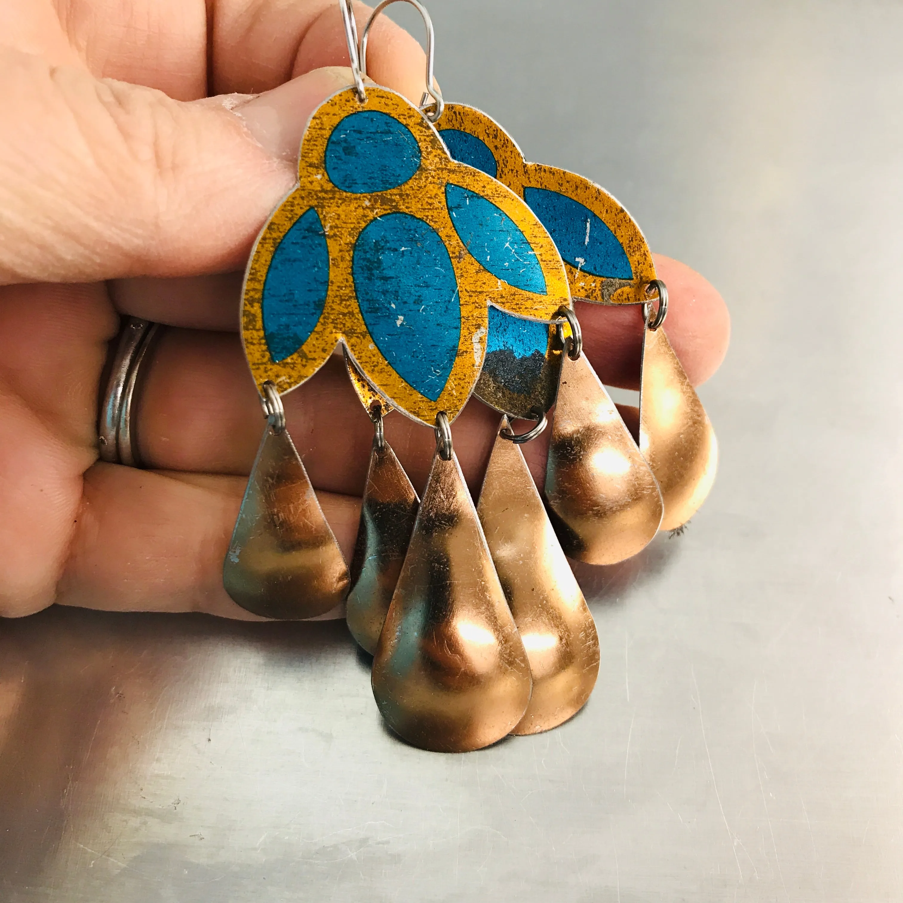 Shimmery Blue & Copper Zero Waste Tin Chandelier Earrings