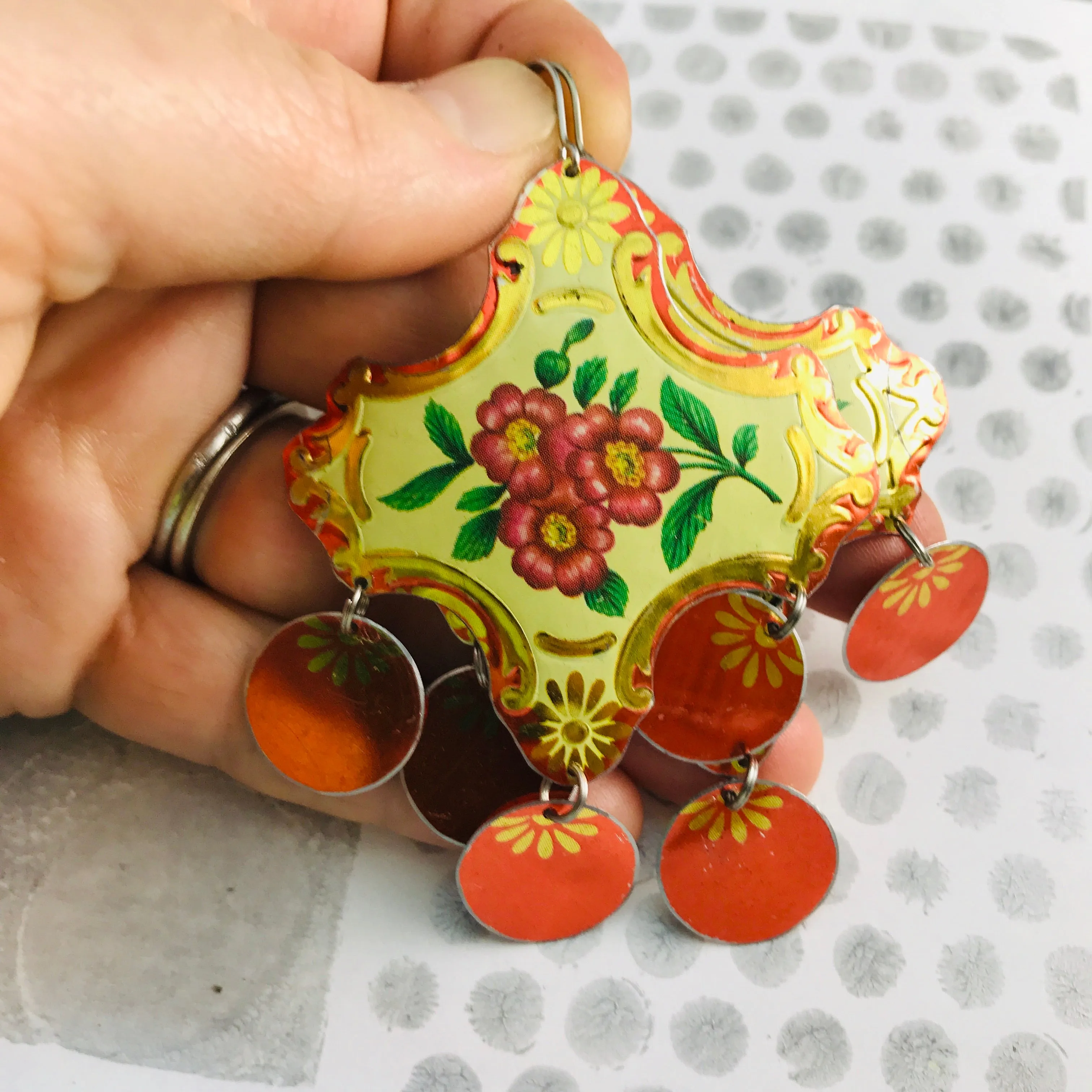 Shimmery Red & Gold Zero Waste Tin Chandelier Earrings