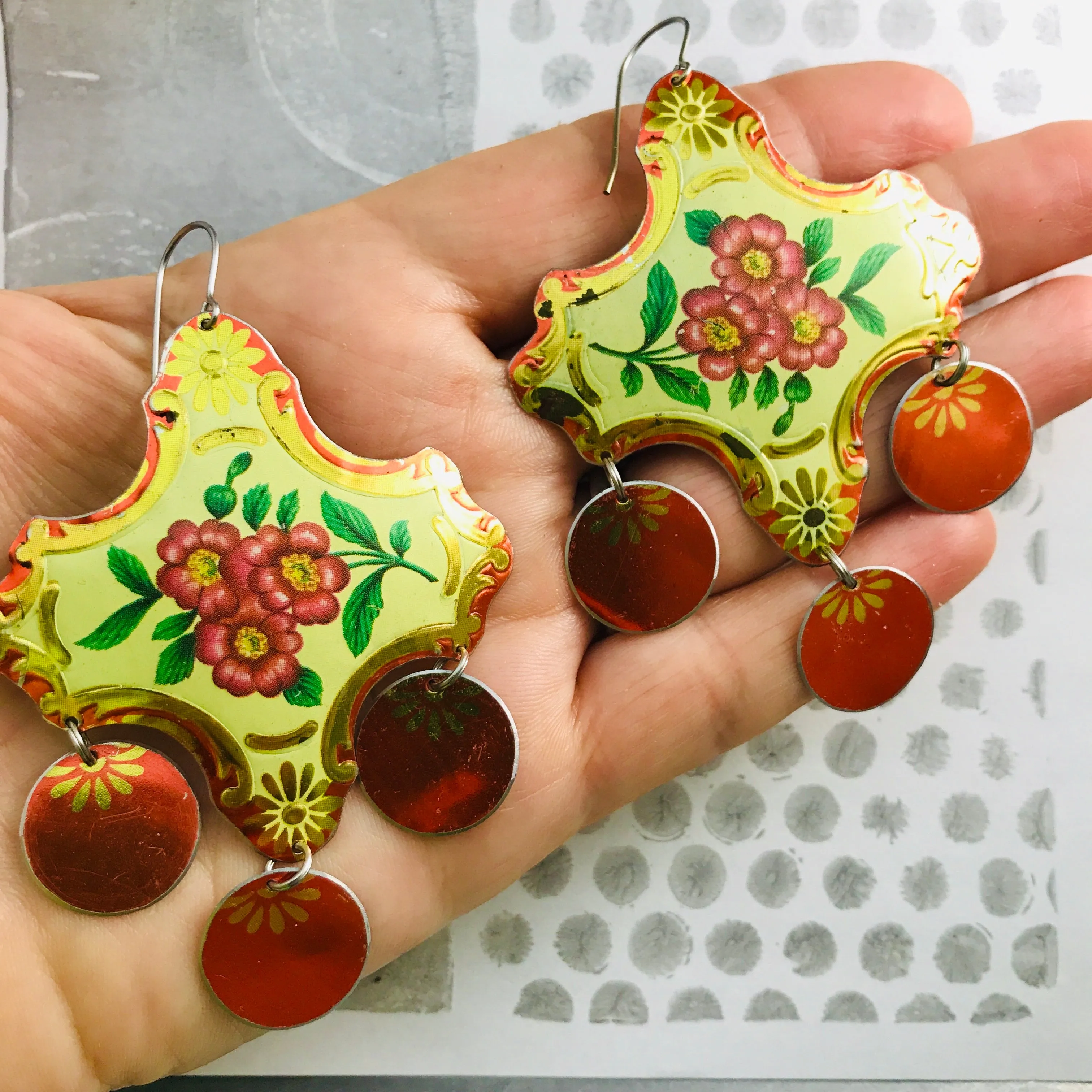 Shimmery Red & Gold Zero Waste Tin Chandelier Earrings