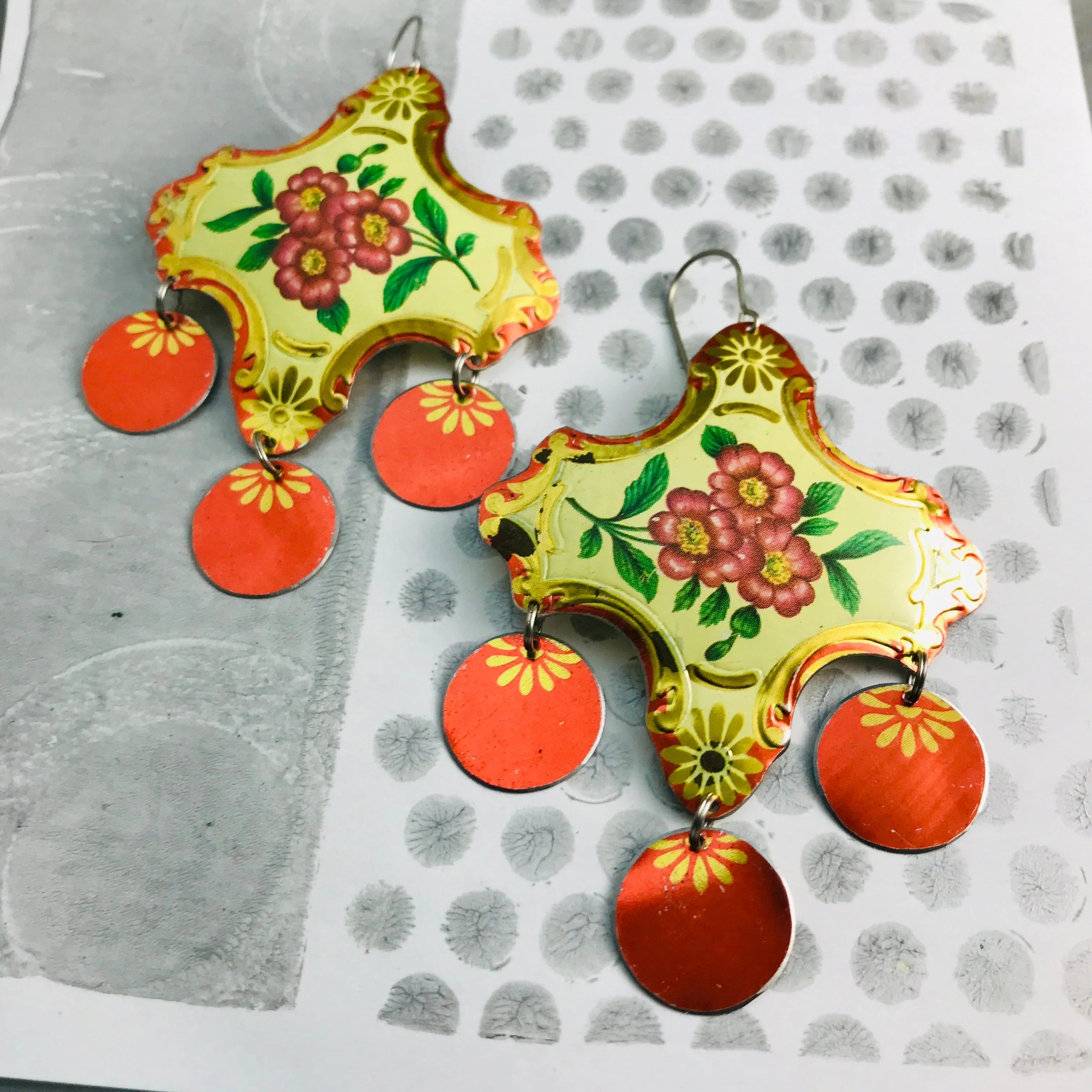 Shimmery Red & Gold Zero Waste Tin Chandelier Earrings