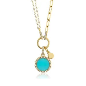 SHY CREATION 14K YELLOW GOLD COMPOSITE TURQUOISE AND DIAMOND CIRCLE NECKLACE
