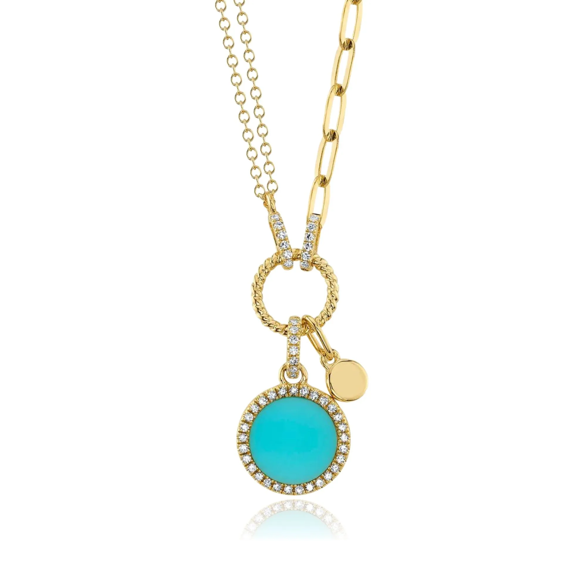 SHY CREATION 14K YELLOW GOLD COMPOSITE TURQUOISE AND DIAMOND CIRCLE NECKLACE