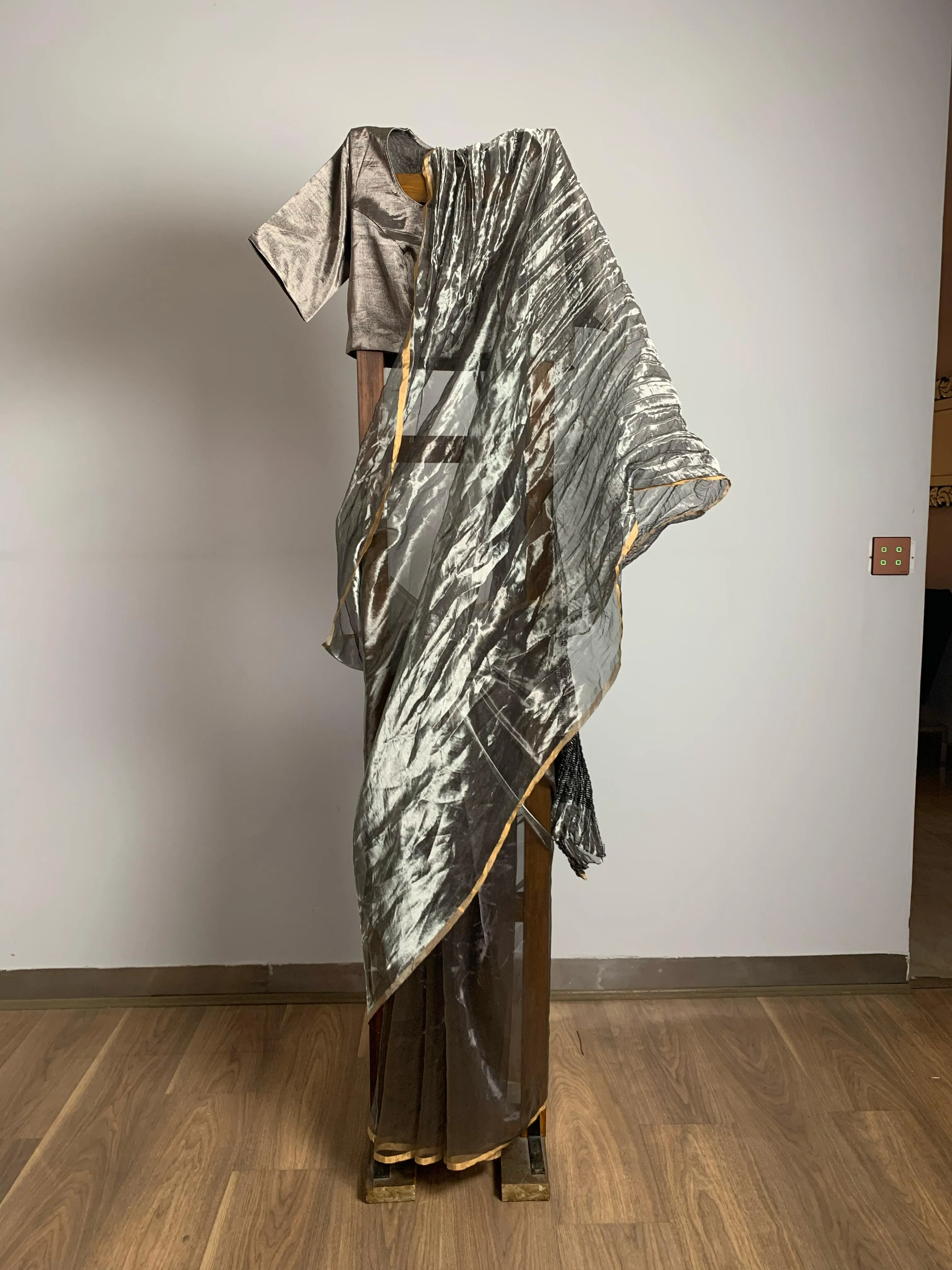 Silver crushed tissue sari
