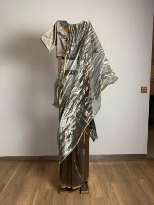Silver crushed tissue sari