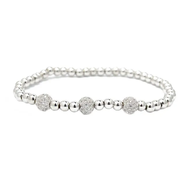Silver Cubic Zirconia Beaded Stretch Bracelet