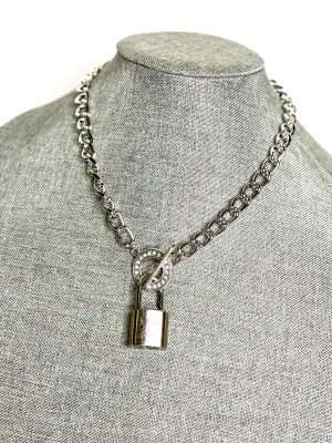 Silver Lock & Chain necklace in silver toggle Clear Rhinestone