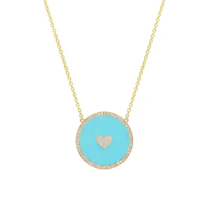 Small Turquoise Inlay Circle Necklace with Diamond and Heart Detail