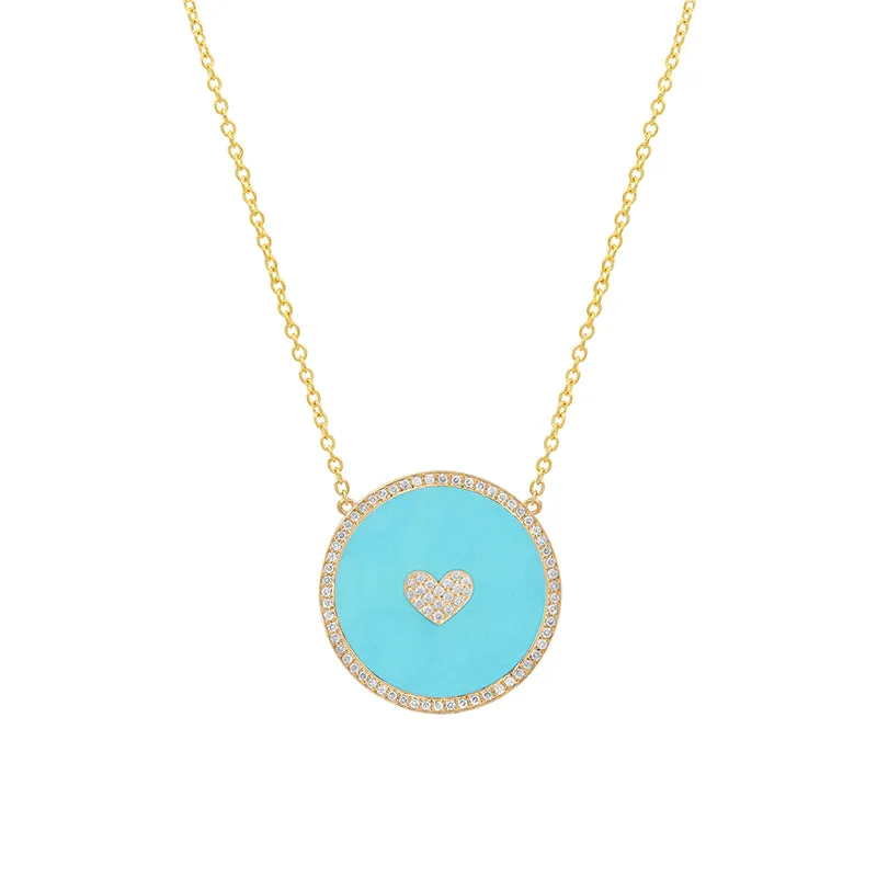 Small Turquoise Inlay Circle Necklace with Diamond and Heart Detail