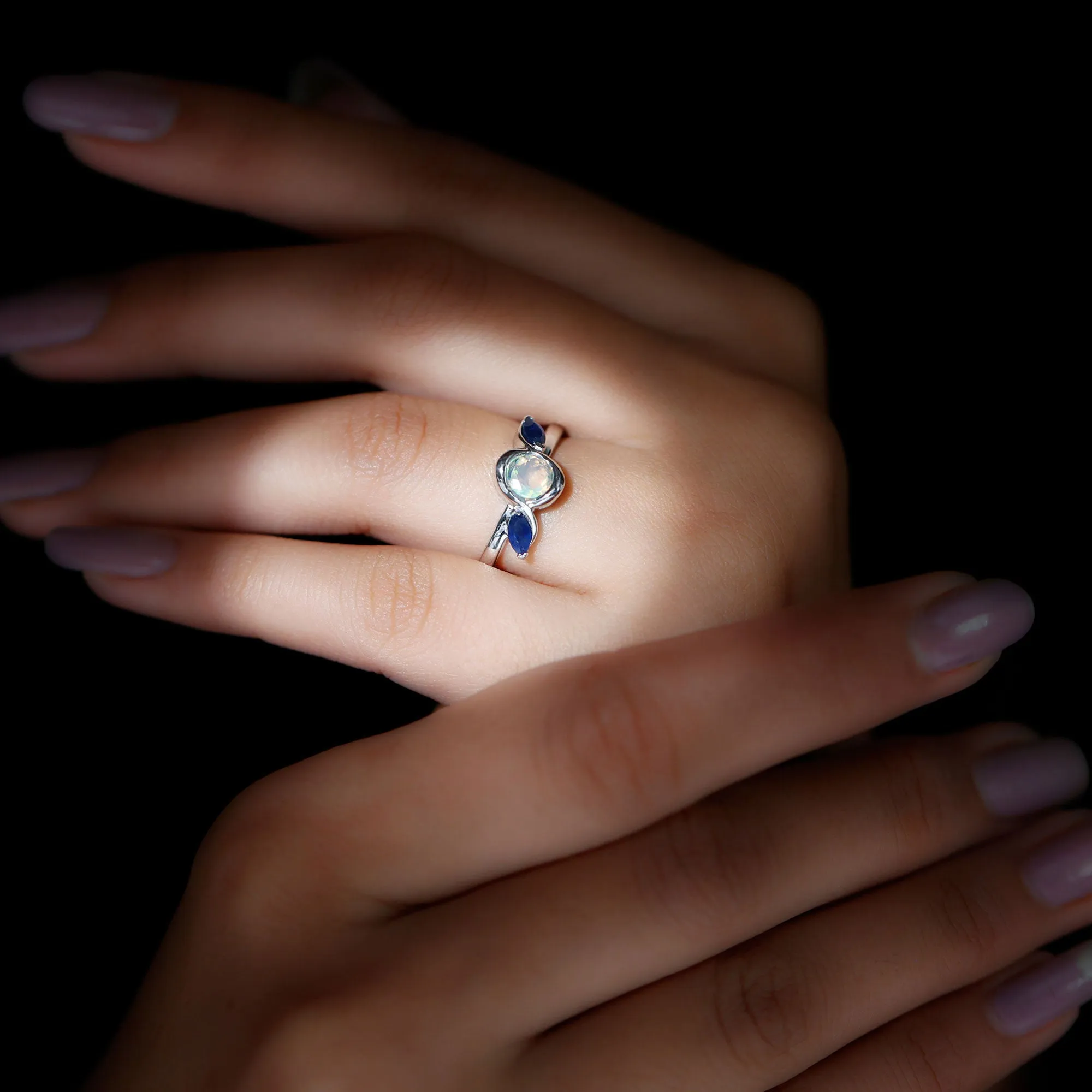 Solitaire Ethiopian Opal Minimal Promise Ring with Blue Sapphire