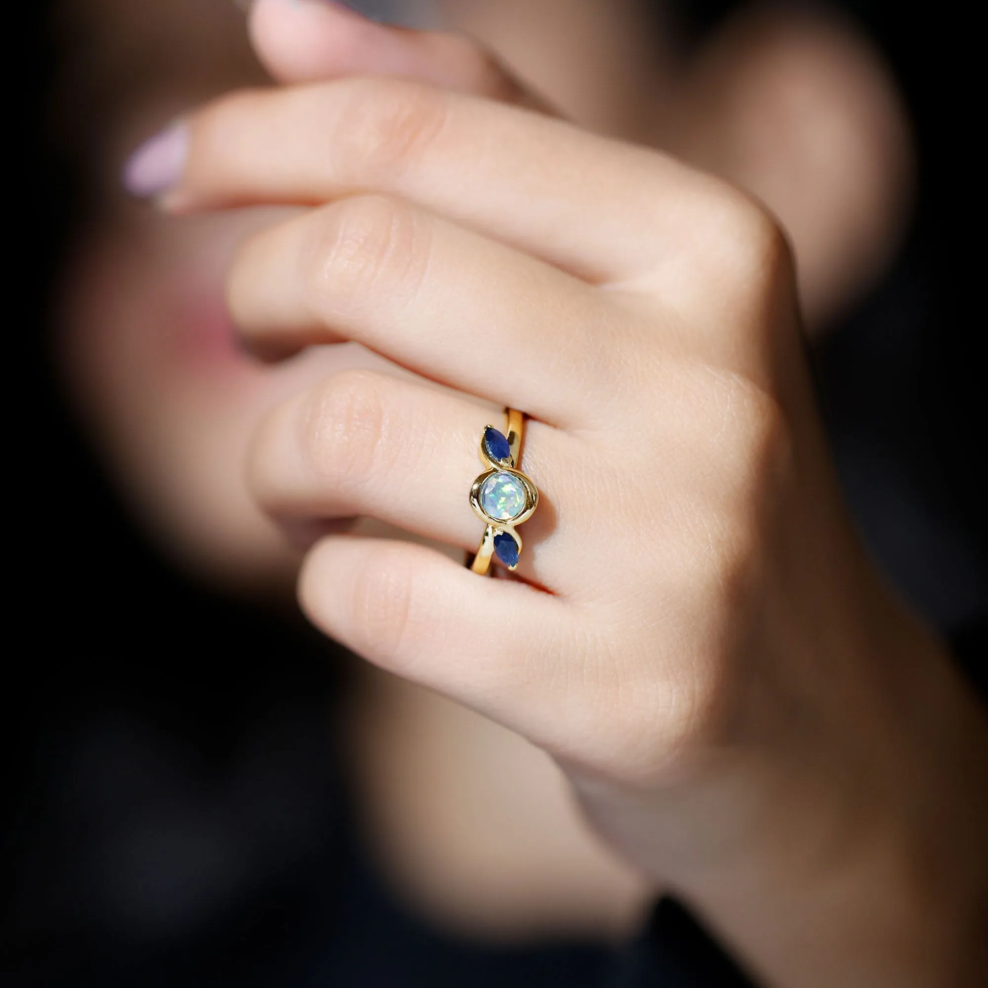 Solitaire Ethiopian Opal Minimal Promise Ring with Blue Sapphire