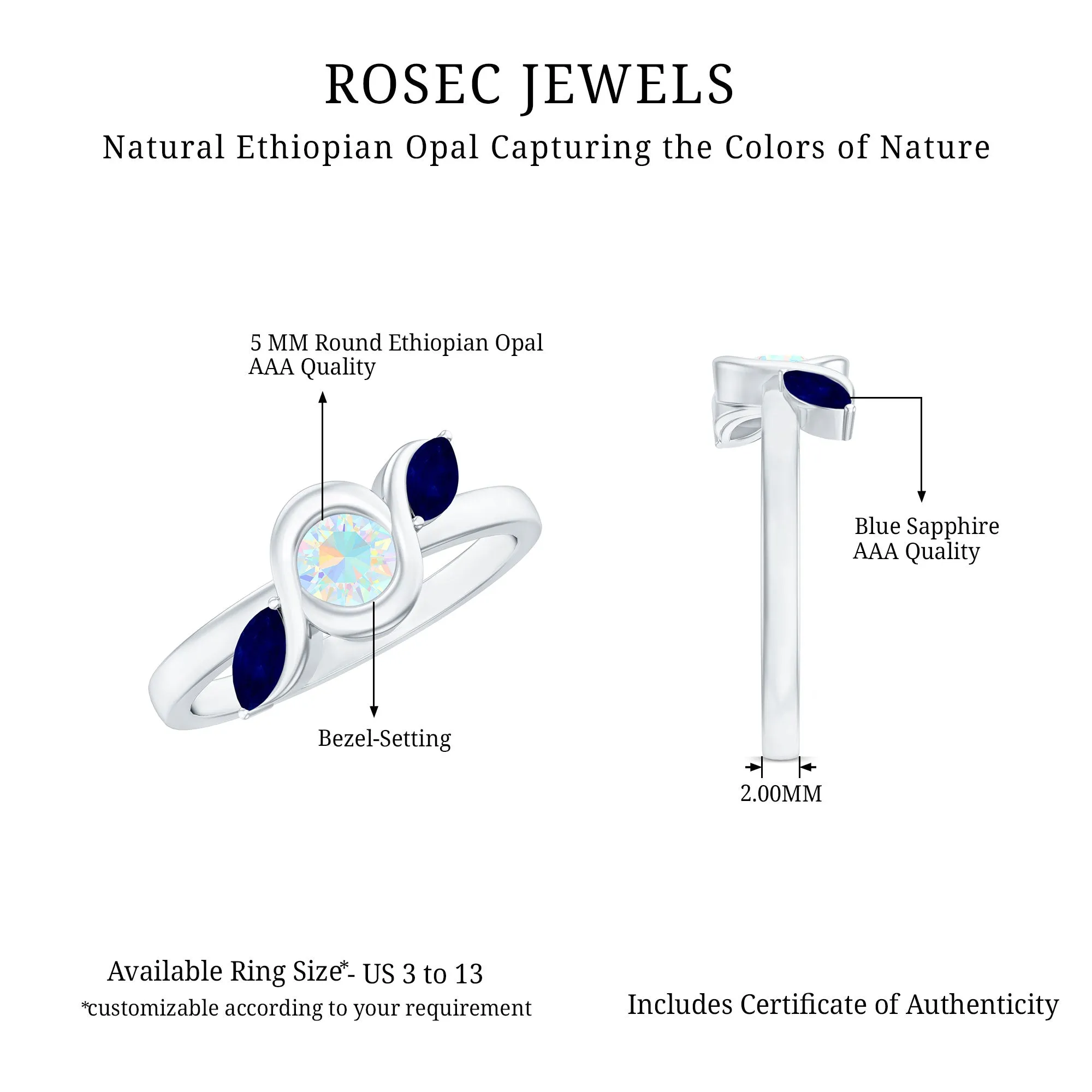 Solitaire Ethiopian Opal Minimal Promise Ring with Blue Sapphire