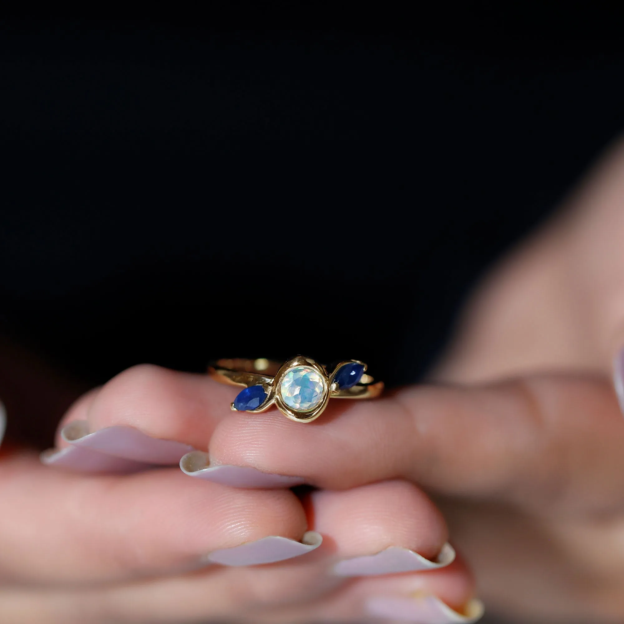 Solitaire Ethiopian Opal Minimal Promise Ring with Blue Sapphire