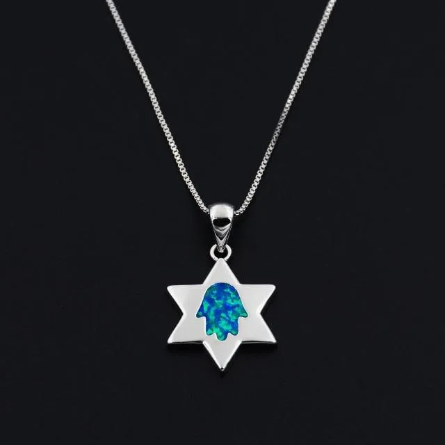 Star Of David Blue Fire Opal Pendant Necklace